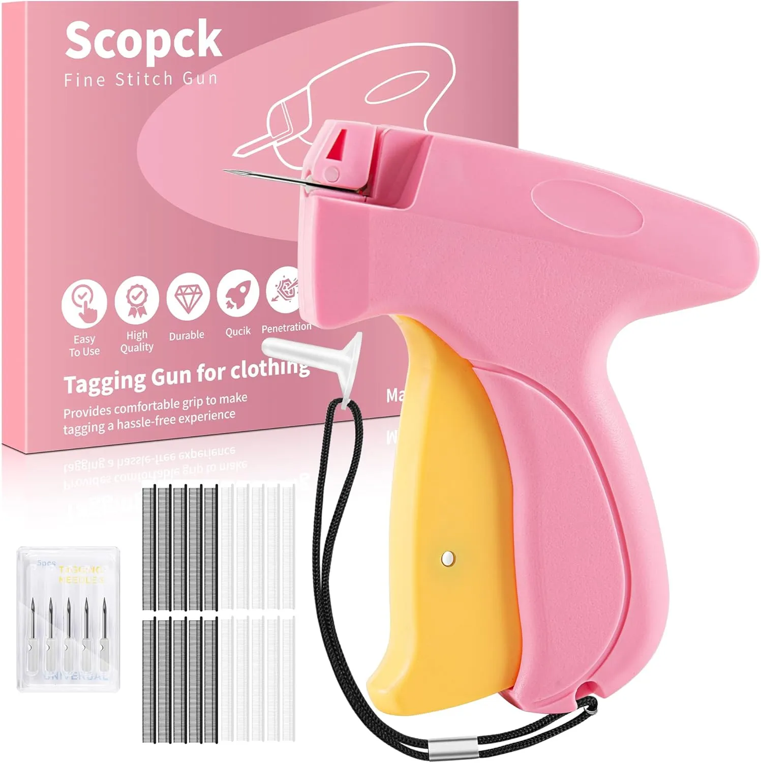 Stitch Gun for Clothes - Handheld Stitch Gun Quick Clothing Fixer - Mini Sewing Micro Tagging Gun - Includes 6 Needle, 1000 Black Fasteners & 1000 White Fasteners (Pink-Yellow)