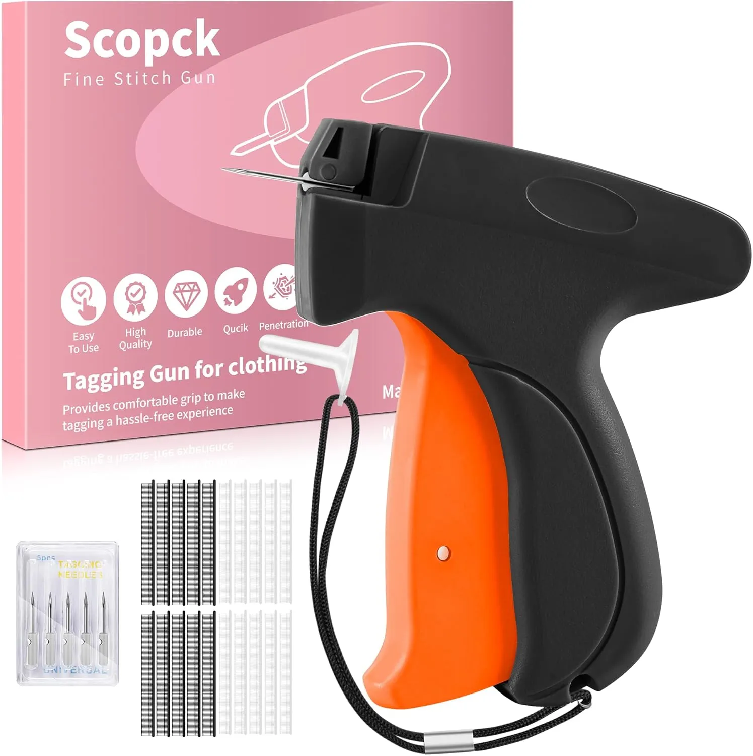 Stitch Gun for Clothes - Handheld Stitch Gun Quick Clothing Fixer - Tagging Gun - Includes 6 Needle, 1000 Black Fasteners & 1000 White Fasteners (Black/Orange)