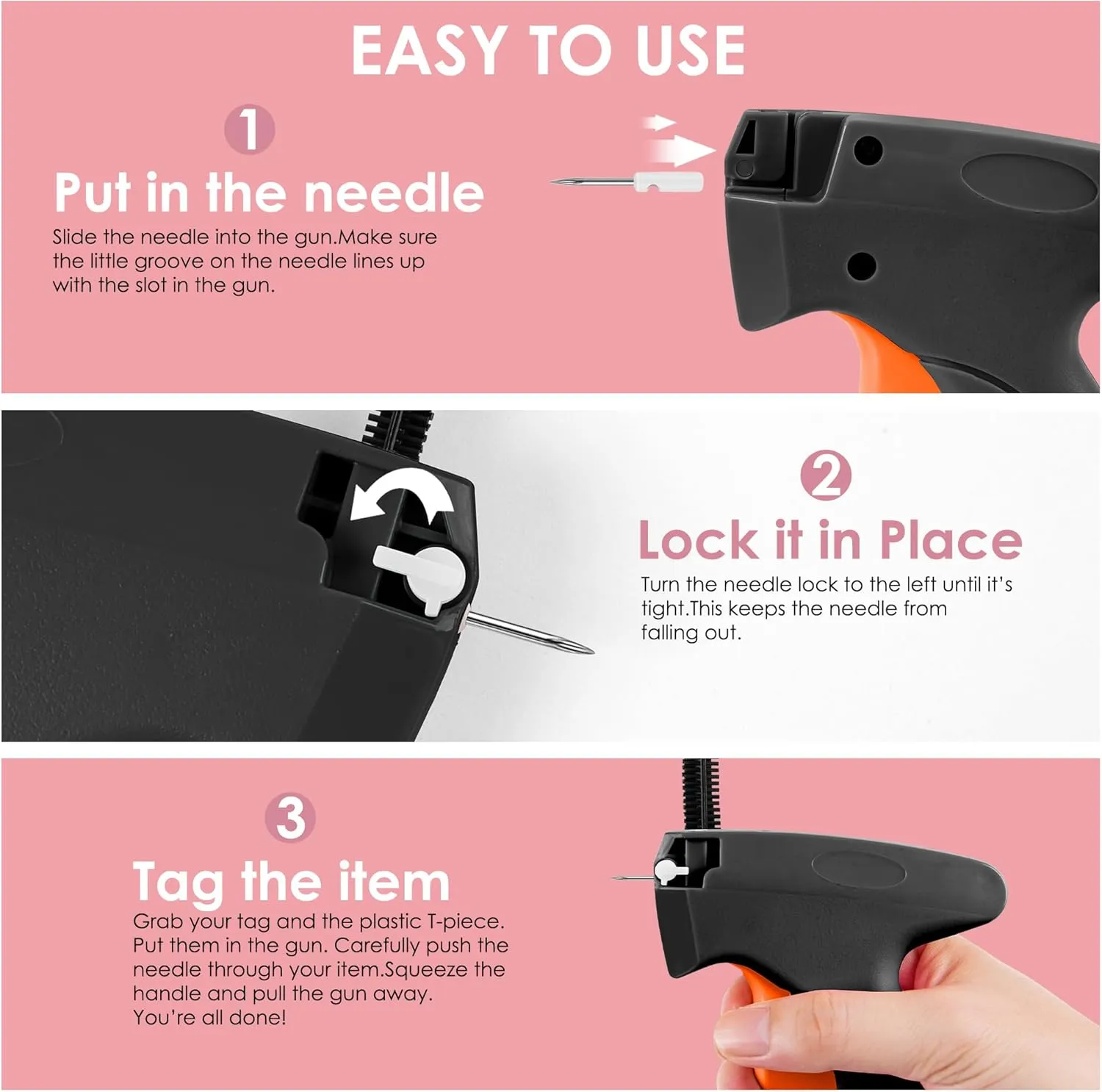 Stitch Gun for Clothes - Handheld Stitch Gun Quick Clothing Fixer - Tagging Gun - Includes 6 Needle, 1000 Black Fasteners & 1000 White Fasteners (Black/Orange)