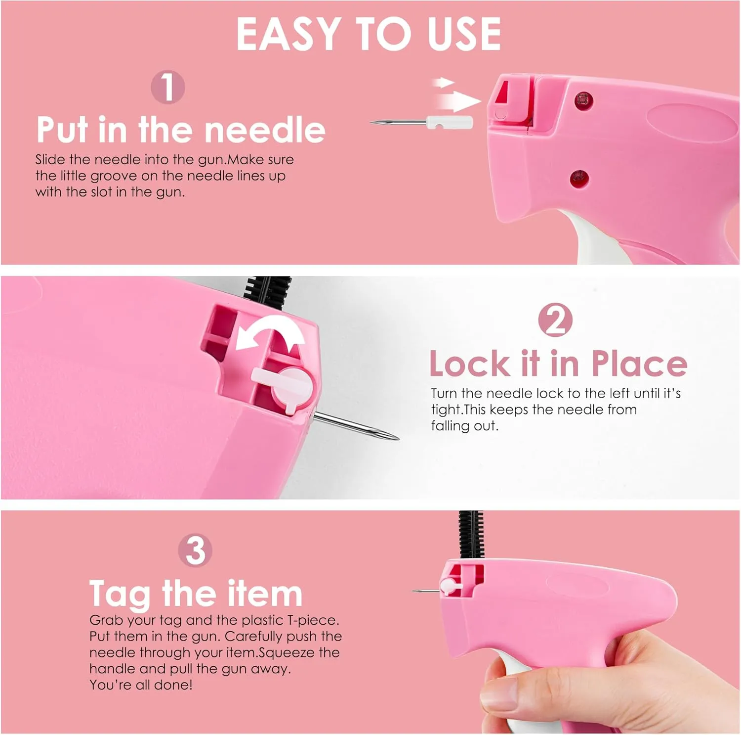 Stitch Gun for Clothes - Handheld Stitch Tag Gun Quick Clothing Fixer - Tagging Gun - Sewing Kit Includes 6 Needle, 1000 Black Fasteners & 1000 White Fasteners (Pink)