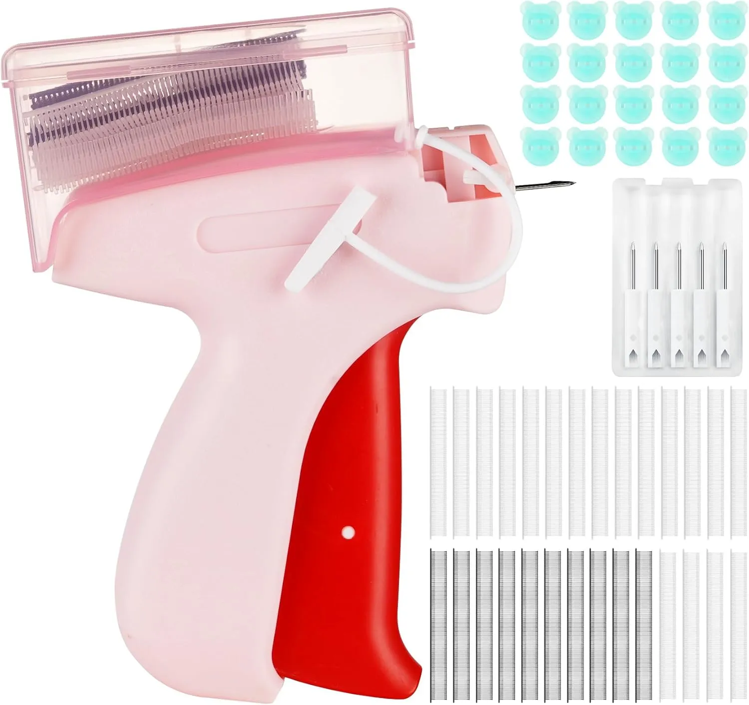 Stitch Gun for Clothes, Handheld Tag Gun Clothing Fixer Kit with 5 Extra Needles,Bear Buckles & 1000 Black Fasteners & 2000 White Fasteners for Hats, Socks & Garments (Pink)