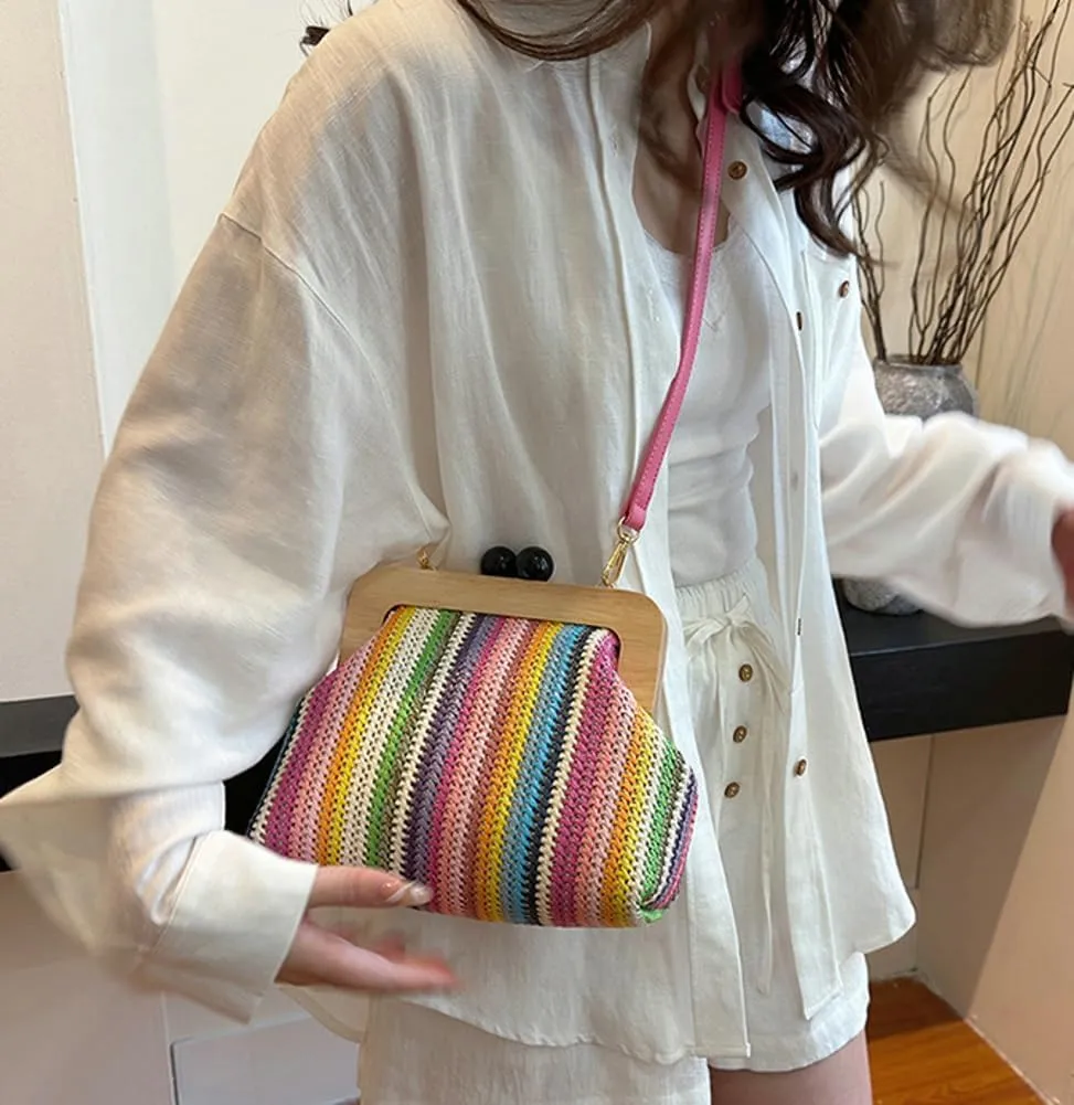 Straw Beach Bags For Women Summer Straw Cross-body Bag Raffia Handbag Pearls Purses Shoulder Bag Shell Shaped Bag 2025