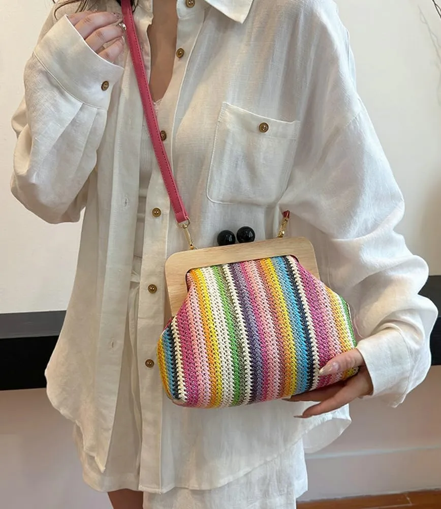 Straw Beach Bags For Women Summer Straw Cross-body Bag Raffia Handbag Pearls Purses Shoulder Bag Shell Shaped Bag 2025