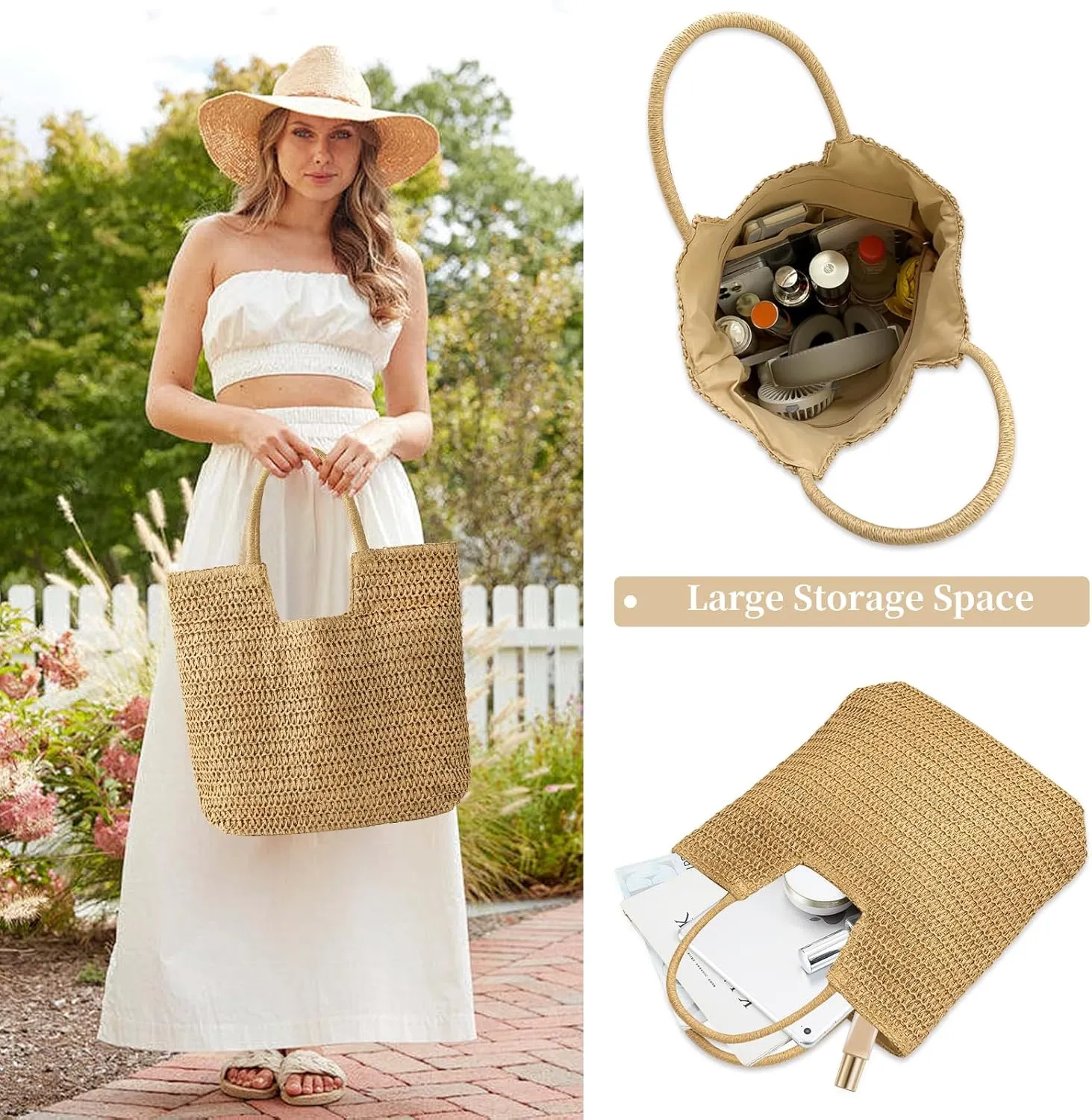 Straw Beach Bags for Women Woven Tote Bag Shoulder Handbags Summer Raffia Straw Purse Large Beach Bag for Vacation