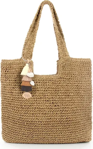 Straw Beach Tote Bag with Tassel Hat Clip for Travel Vocation, Lightweight Raffia Summer Shoulder Bag for Women