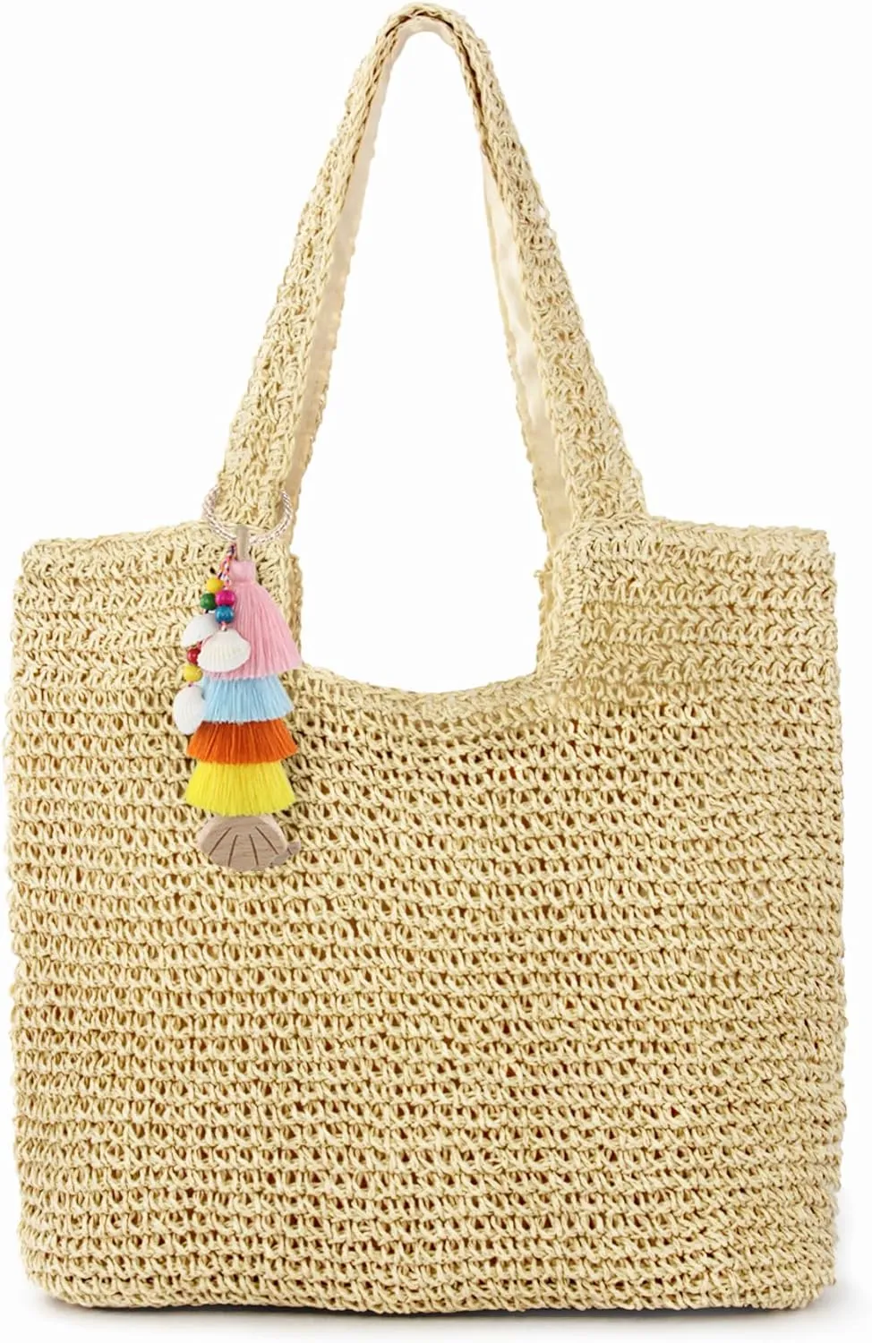 Straw Beach Tote Bag with Tassel Hat Clip for Travel Vocation, Lightweight Raffia Summer Shoulder Bag for Women