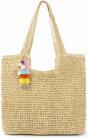 Straw Beach Tote Bag with Tassel Hat Clip for Travel Vocation, Lightweight Raffia Summer Shoulder Bag for Women