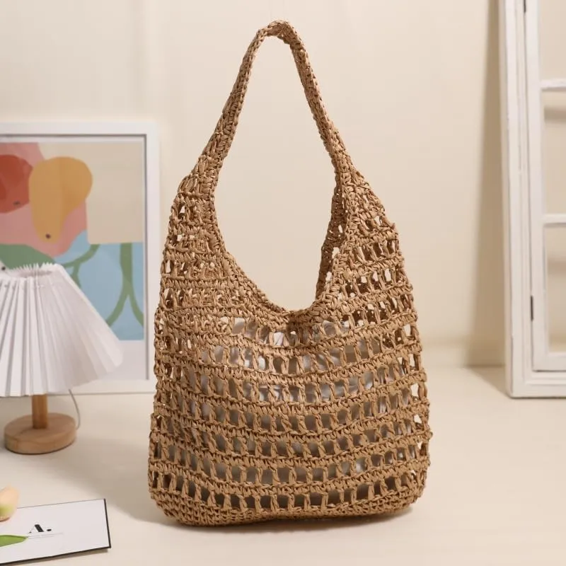 Straw Beach Vacation Tote Bags for Women Raffia Woven Crochet Boho Hobo Shoulder Bag Summer Large Mesh Handbags