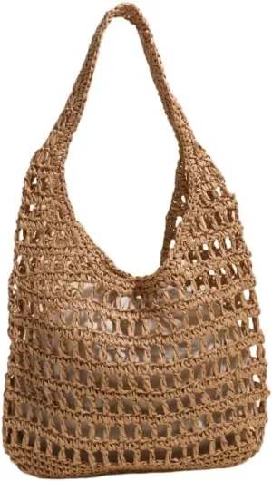 Straw Beach Vacation Tote Bags for Women Raffia Woven Crochet Boho Hobo Shoulder Bag Summer Large Mesh Handbags