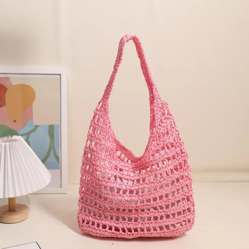 Straw Beach Vacation Tote Bags for Women Raffia Woven Crochet Boho Hobo Shoulder Bag Summer Large Mesh Handbags