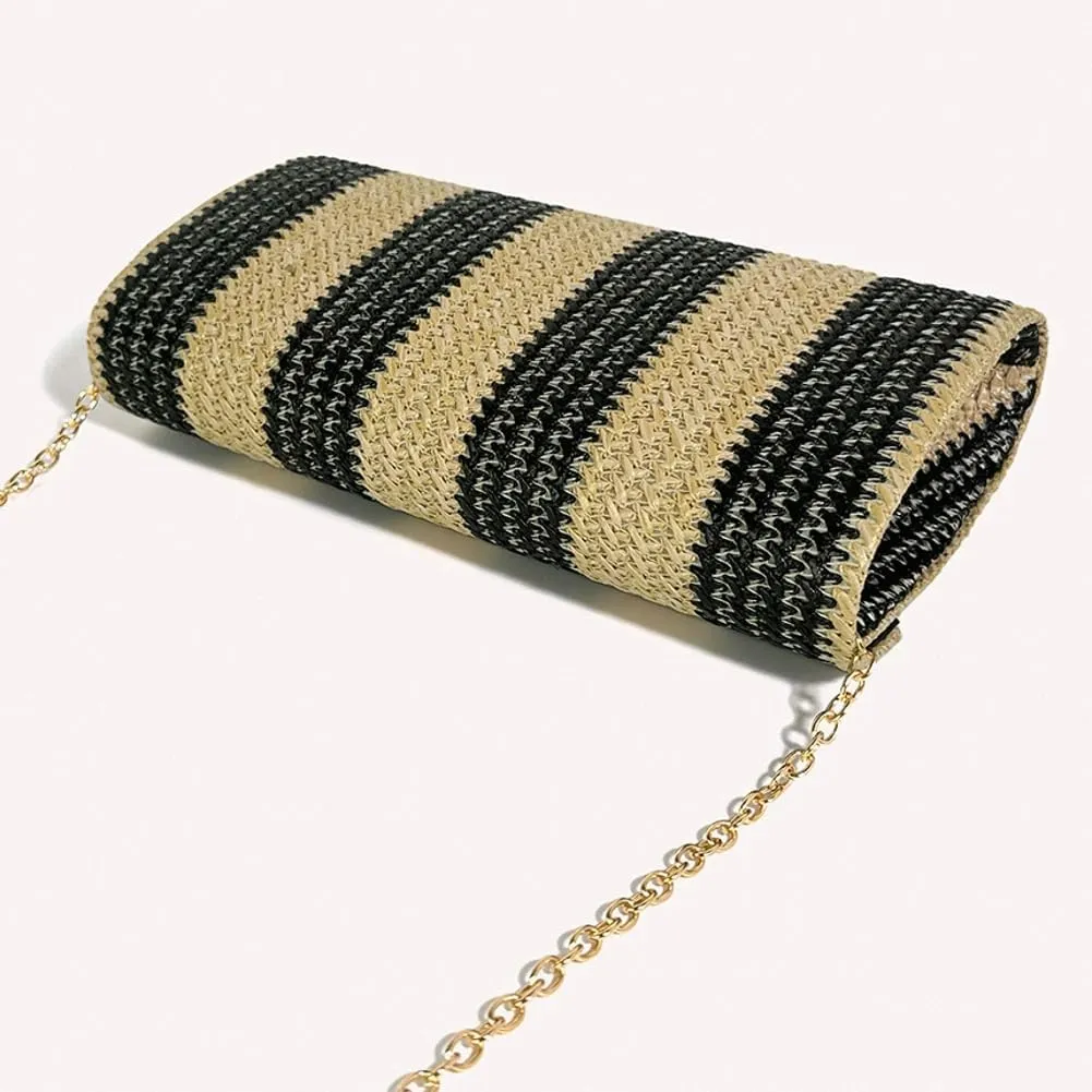 Straw Clutch Purse for Women Color-block Striped Woven Evening Bag Summer Beach Envelope Purse Crossbody Shoulder Bag