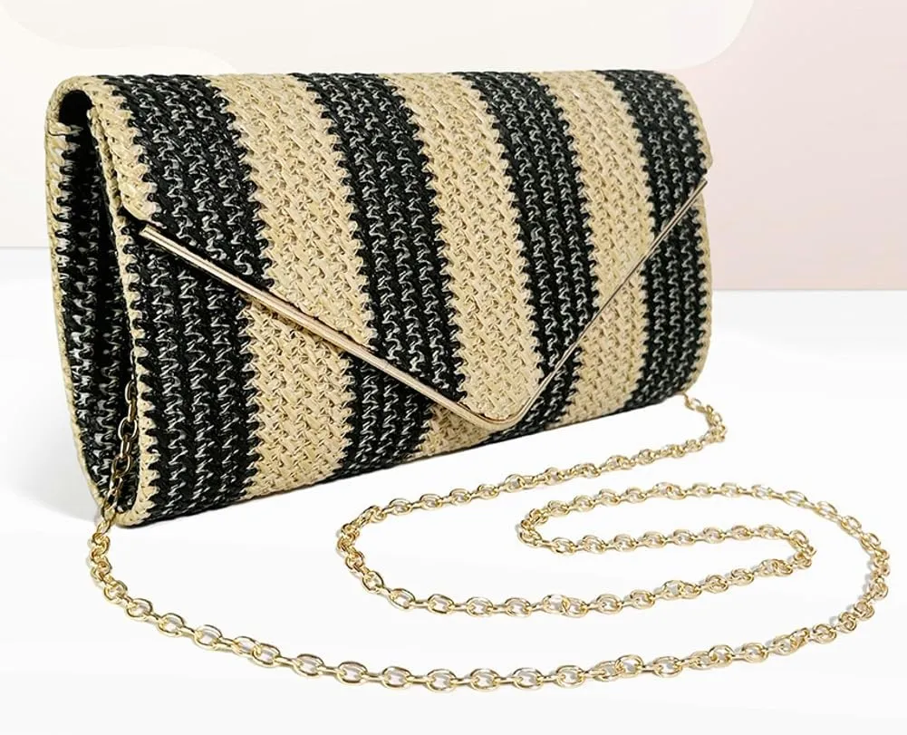 Straw Clutch Purse for Women Color-block Striped Woven Evening Bag Summer Beach Envelope Purse Crossbody Shoulder Bag