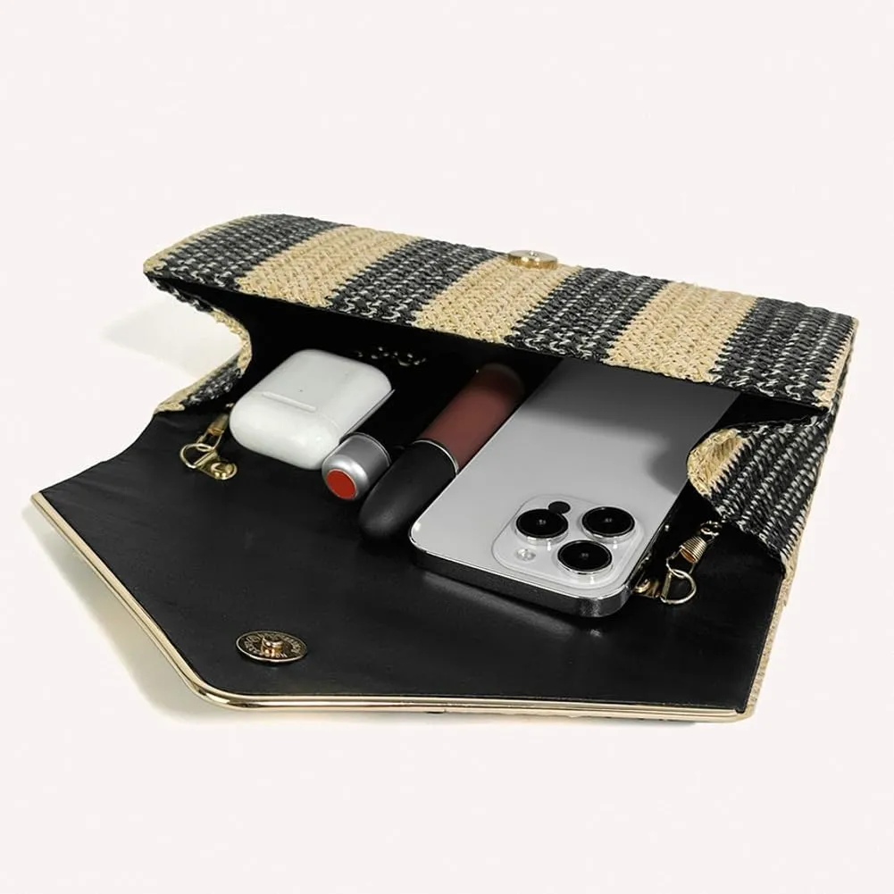 Straw Clutch Purse for Women Color-block Striped Woven Evening Bag Summer Beach Envelope Purse Crossbody Shoulder Bag