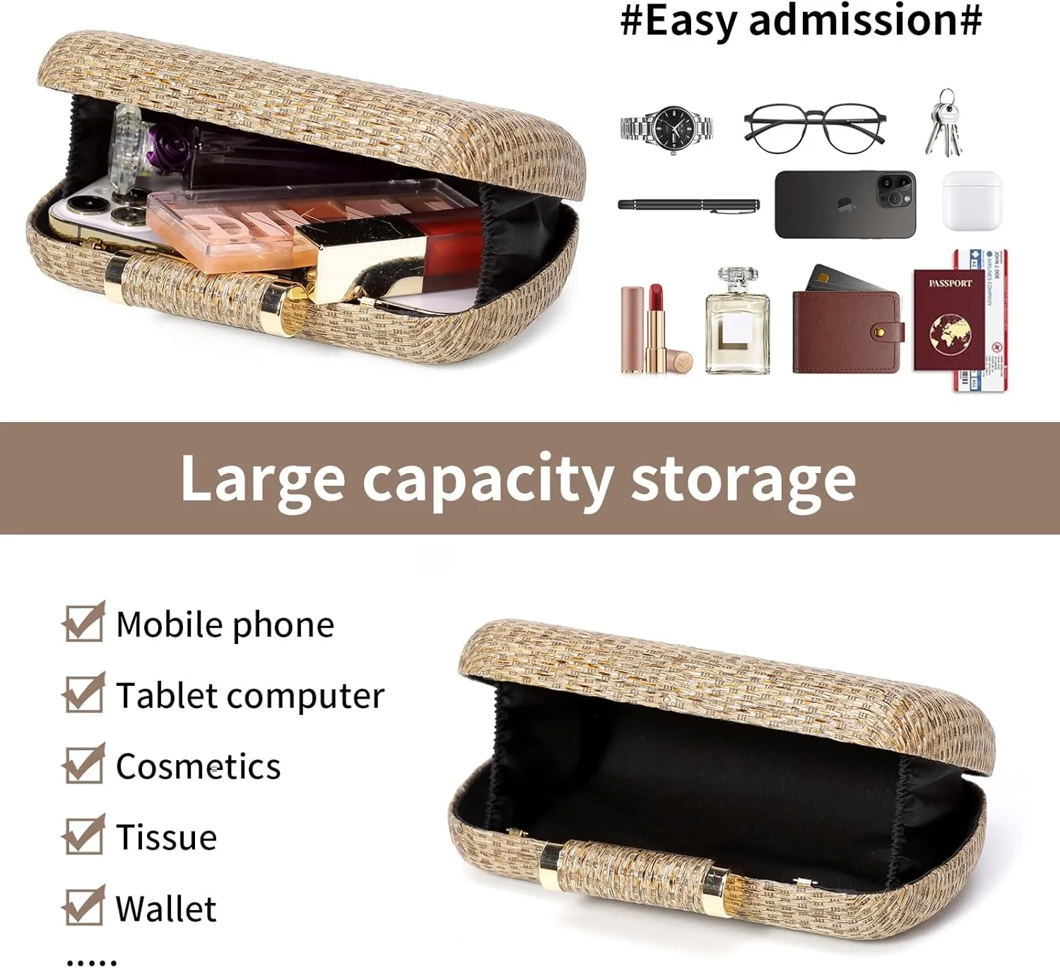 Straw Clutch Purse for Women, Hand-Woven Wicker Evening Handbag, Raffia Party Wedding Beach Bag for Summer