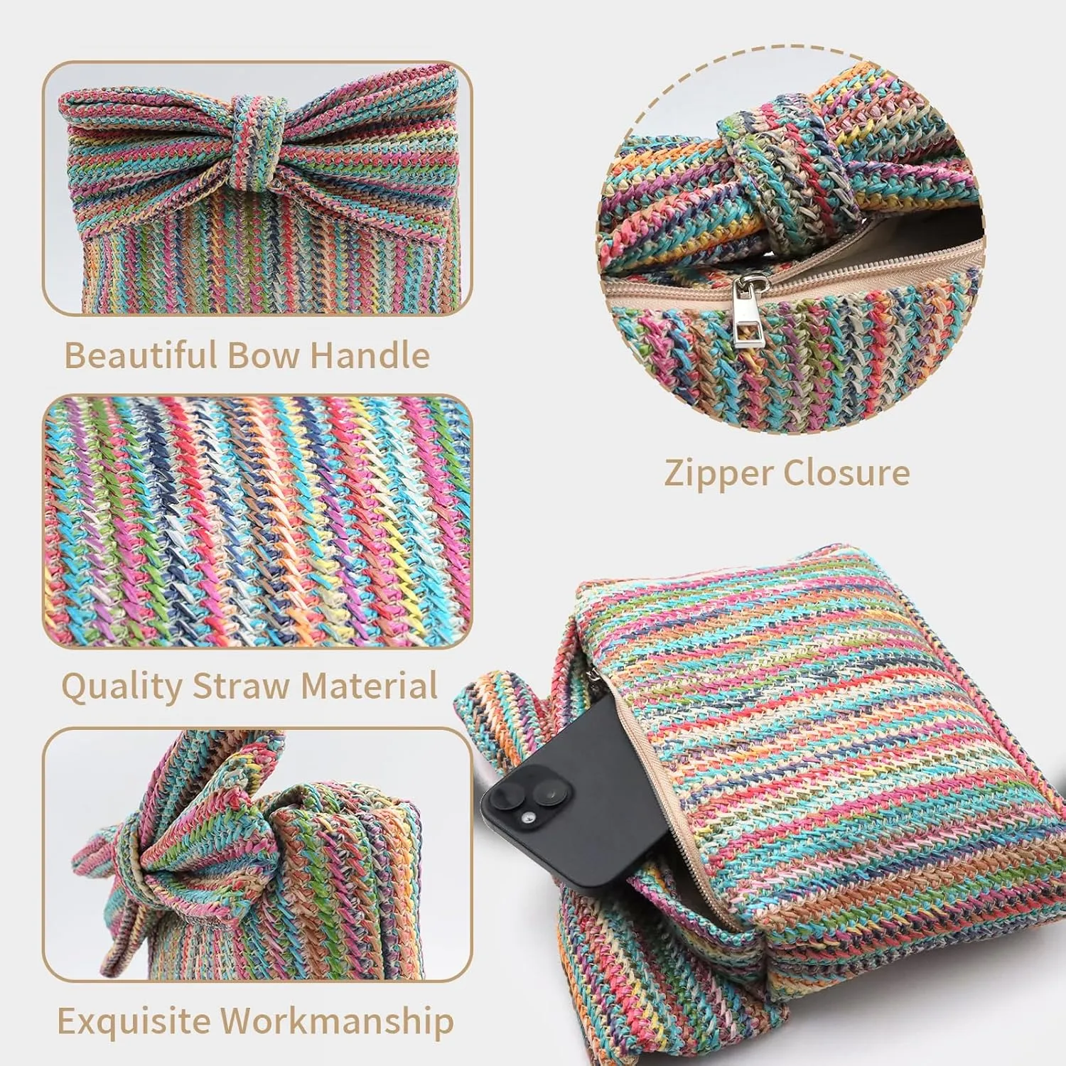 Straw Clutch Purse with Bow – Woven Raffia Handbag for Women – Summer Wedding Beach Bag