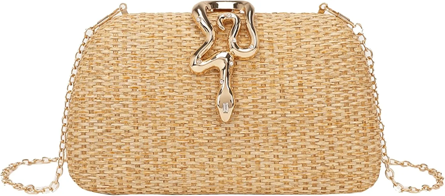 Straw Clutch Purses Summer Beach Purse for Women Woven Vacation Handbags Snake Clasp Straw Beach Bag
