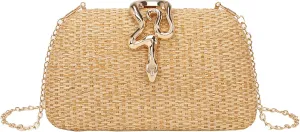 Straw Clutch Purses Summer Beach Purse for Women Woven Vacation Handbags Snake Clasp Straw Beach Bag