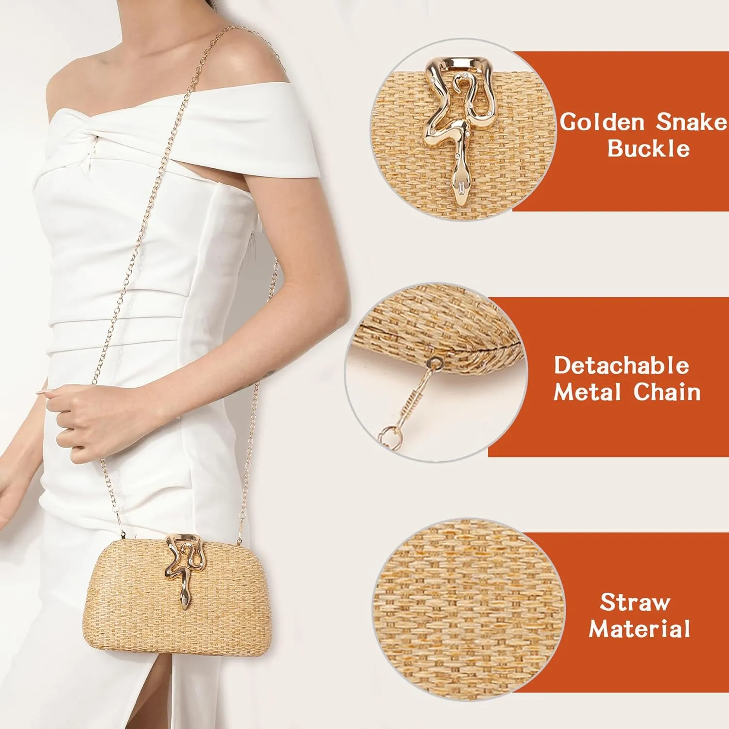 Straw Clutch Purses Summer Beach Purse for Women Woven Vacation Handbags Snake Clasp Straw Beach Bag