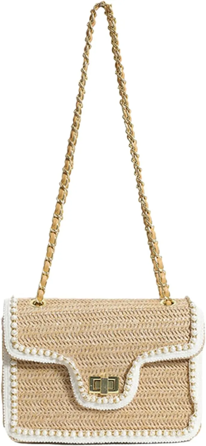 Straw Crossbody Bags for Women, Summer Fashion Straw Purses and Handbags Shoulder Raffia Clutch Bag with Pearls