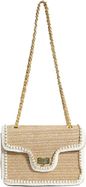 Straw Crossbody Bags for Women, Summer Fashion Straw Purses and Handbags Shoulder Raffia Clutch Bag with Pearls
