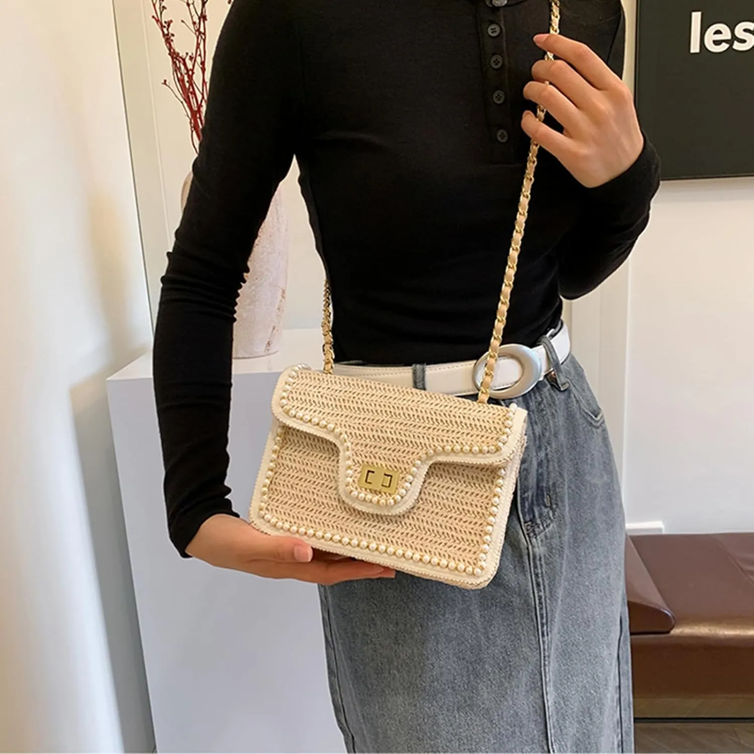 Straw Crossbody Bags for Women, Summer Fashion Straw Purses and Handbags Shoulder Raffia Clutch Bag with Pearls