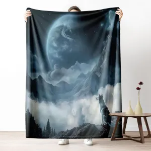 Suburb Wolf Blanket Flannel, Moon Mountain Throw Blankets for Couch Bed, Wild Animal Blanket Fuzzy Cozy, Soft Warm Lightweight, All Season, for Travel 60x80 Inches