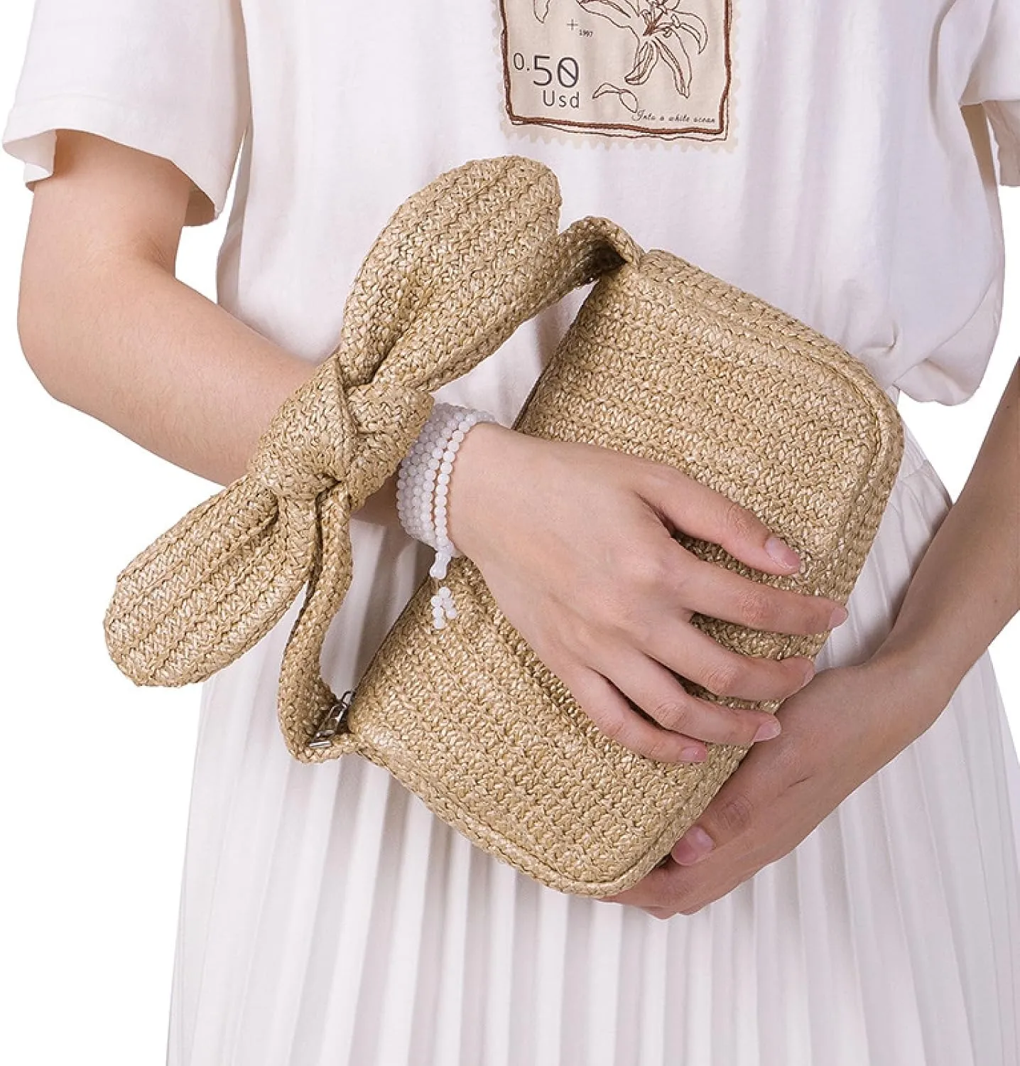Summer Clutch Purses Women 2025 Knot Bow Top Handle Straw Crescent Handbag Vacation Beach Wallets Casual Pouch