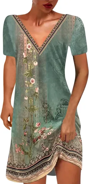 Summer Dresses for Women Boho Floral Print T-Shirts Dress Short Sleeve Sundresses Vintage Loose Tank Dresses