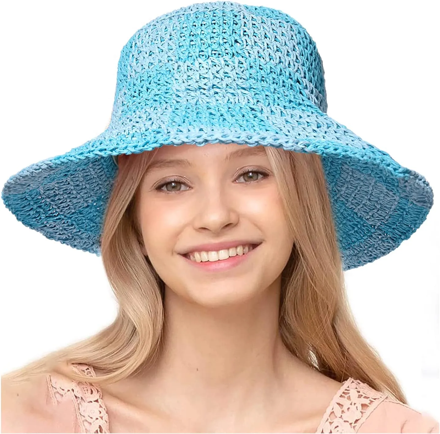 Sun Hats Checkerboard Straw Bucket Hat for Women Packable Crochet Wide Brim Floppy Beach Hats Traveling Summer Accessories