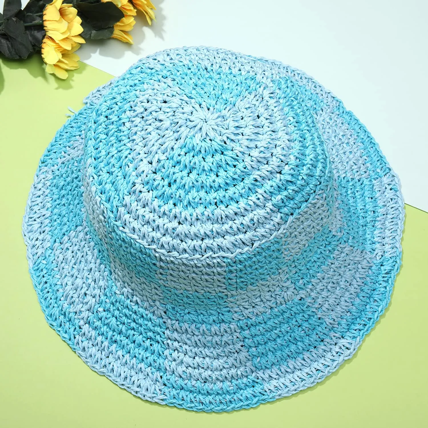 Sun Hats Checkerboard Straw Bucket Hat for Women Packable Crochet Wide Brim Floppy Beach Hats Traveling Summer Accessories