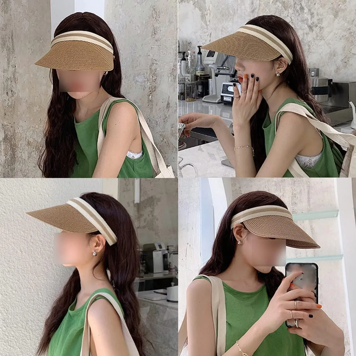 Sun Visor Hats for Women Wide Brim Packable Beach Visors Natural Raffia Pearl Straw Sun Protection Hat Summer Ponytail Hat