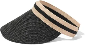 Sun Visor Hats for Women Wide Brim Packable Beach Visors Natural Raffia Pearl Straw Sun Protection Hat Summer Ponytail Hat