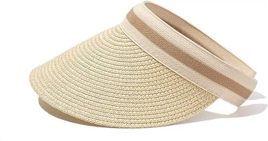Sun Visor Hats for Women Wide Brim Packable Beach Visors Natural Raffia Pearl Straw Sun Protection Hat Summer Ponytail Hat