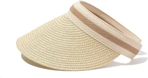 Sun Visor Hats for Women Wide Brim Packable Beach Visors Natural Raffia Pearl Straw Sun Protection Hat Summer Ponytail Hat