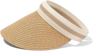 Sun Visor Hats for Women Wide Brim Packable Beach Visors Natural Raffia Pearl Straw Sun Protection Hat Summer Ponytail Hat