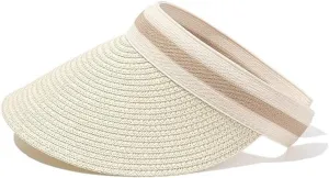 Sun Visor Hats for Women Wide Brim Packable Beach Visors Natural Raffia Pearl Straw Sun Protection Hat Summer Ponytail Hat