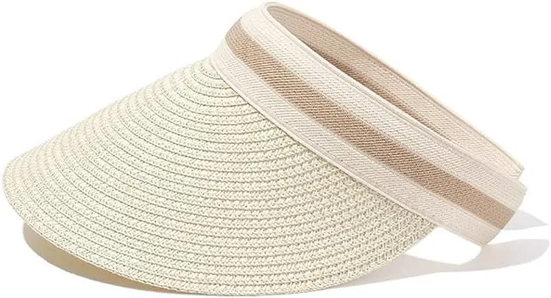 Sun Visor Hats for Women Wide Brim Packable Beach Visors Natural Raffia Pearl Straw Sun Protection Hat Summer Ponytail Hat