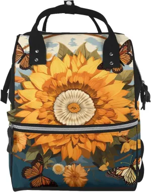 Sunflower Surrounded by Butterflies Print Diaper Bag Multifunction Laptop Backpack Travel Daypacks Large Nappy Bag