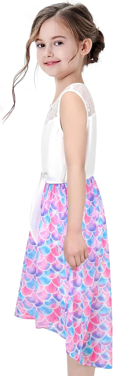 Sunny Fashion Girls Dress Chiffon Floral High-Low Tie Waist Party Princess