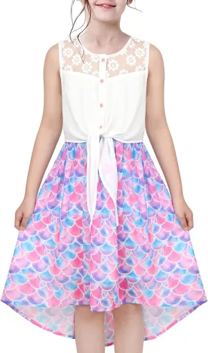 Sunny Fashion Girls Dress Chiffon Floral High-Low Tie Waist Party Princess