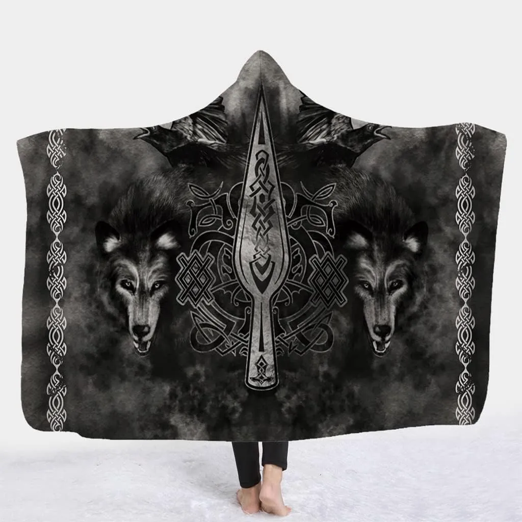 Super Soft Hooded Plush Blanket, 3D Print Viking - Odin Wolf - Crow - Spear - Wearable Sherpa Fleece Flannel Throw, Winter Warm Cape Wrap Blanket Bath Sheet for Men Women,Gray,Adult 79"X59"