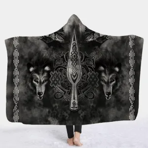 Super Soft Hooded Plush Blanket, 3D Print Viking - Odin Wolf - Crow - Spear - Wearable Sherpa Fleece Flannel Throw, Winter Warm Cape Wrap Blanket Bath Sheet for Men Women,Gray,Adult 79"X59"
