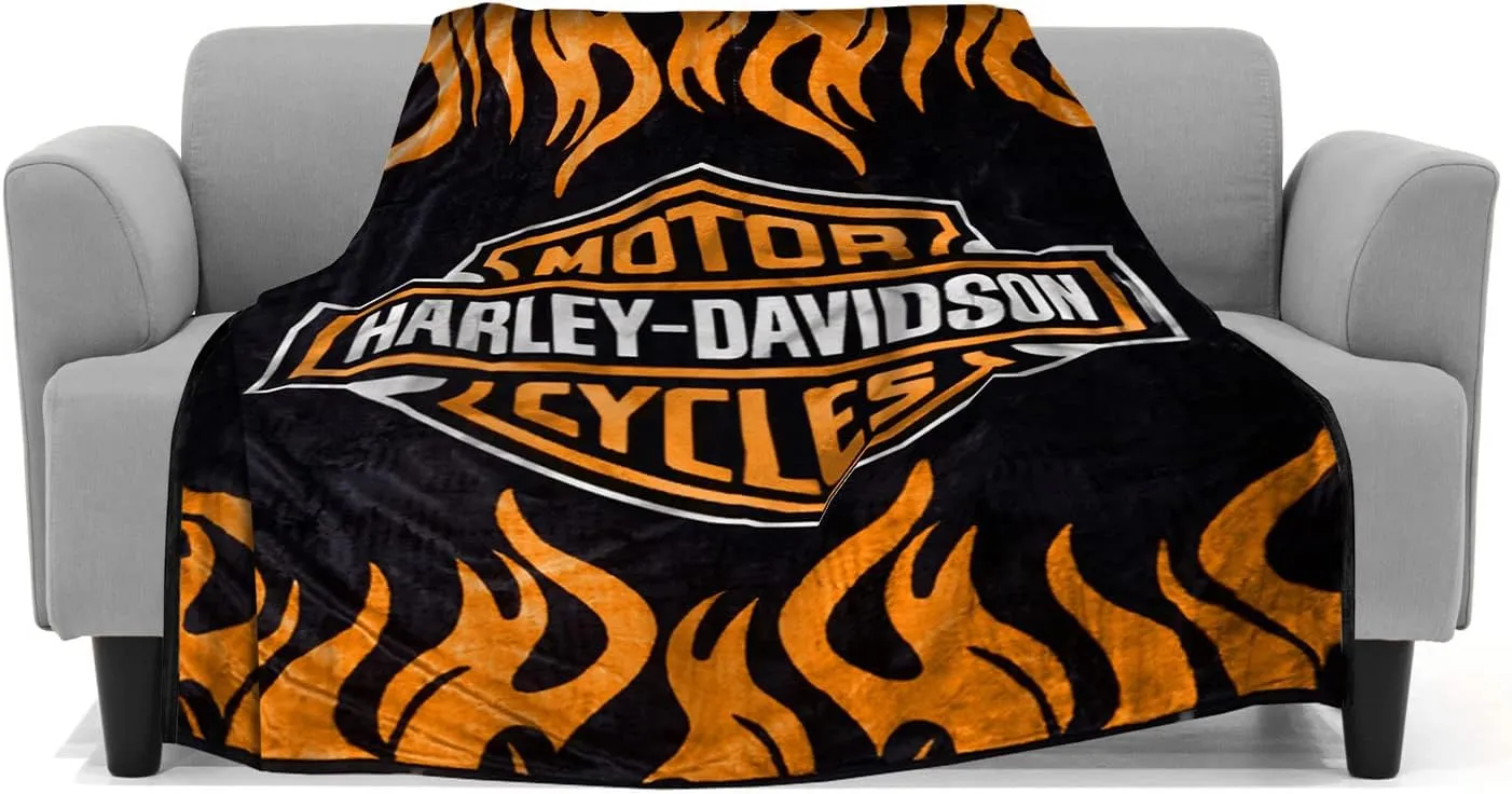 Super Soft Plush Classic Black Harley Davidson Blanket/Throw Full or Queen Size - Orange