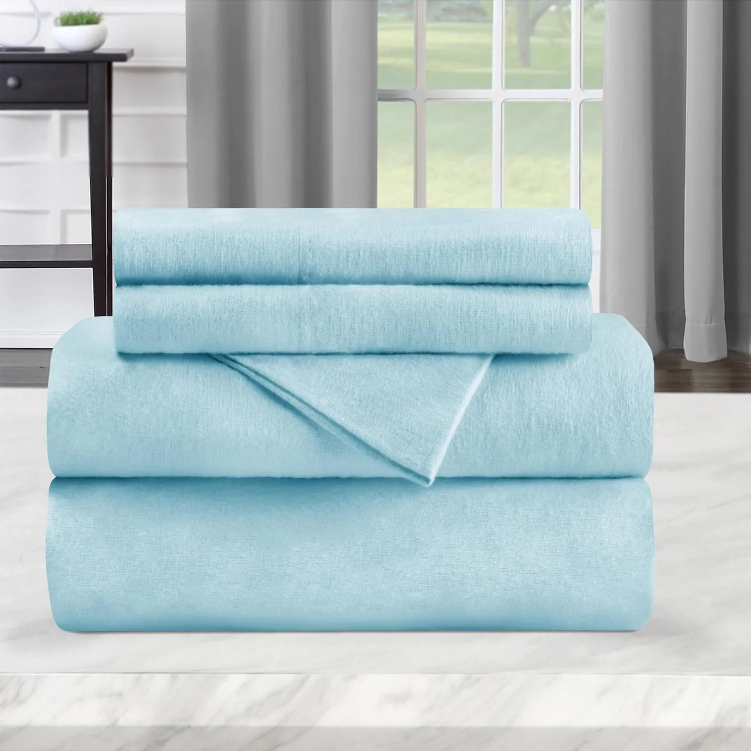 Superior Flannel Cotton Bed Sheet Set, Set Includes: One Flat Sheet, One Fitted Sheet and Two Pillowcases, Breathable, Modern Solid Classic, King, Light Blue