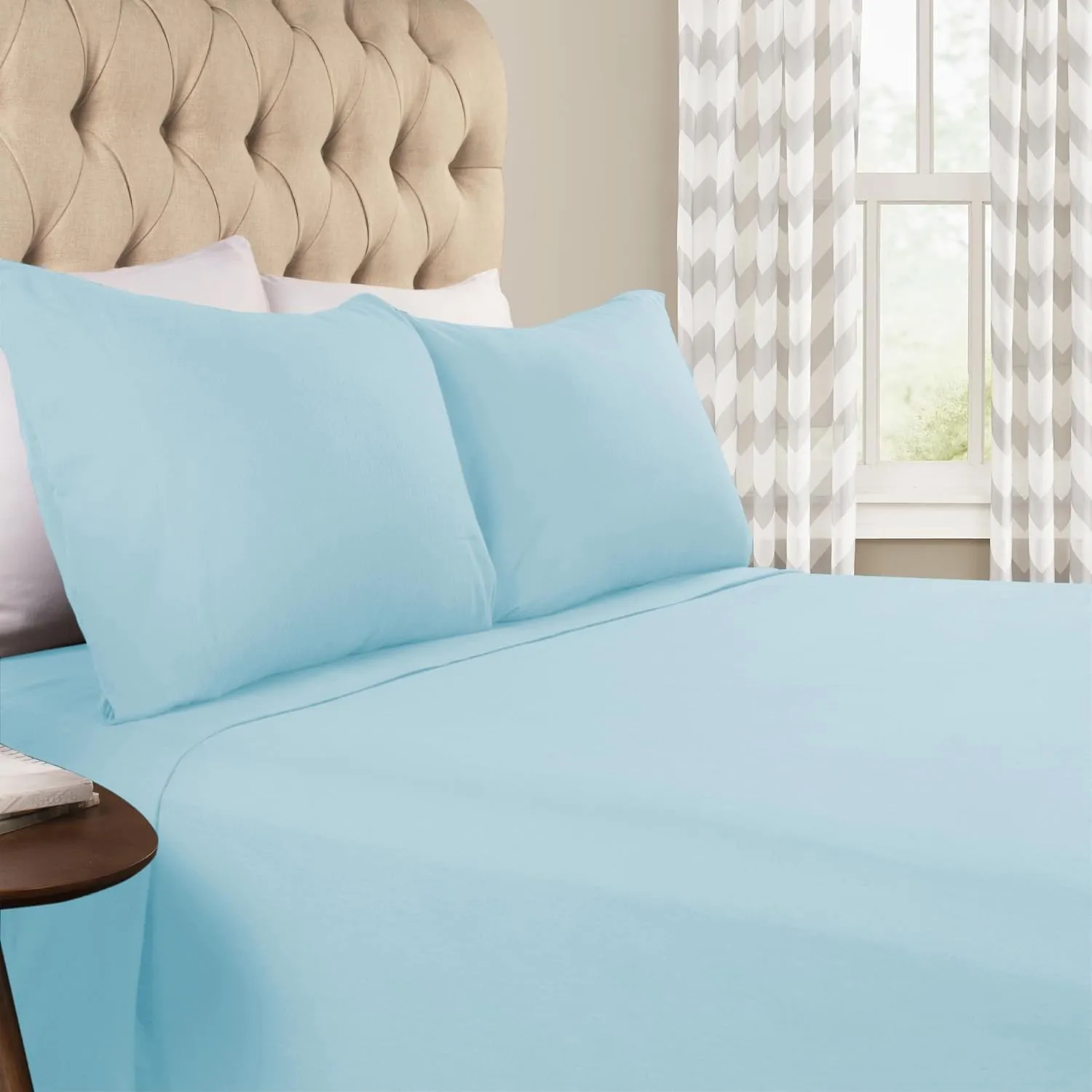 Superior Flannel Cotton Bed Sheet Set, Set Includes: One Flat Sheet, One Fitted Sheet and Two Pillowcases, Breathable, Modern Solid Classic, King, Light Blue