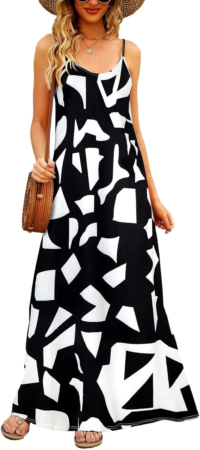 Supnier Women's Summer Maxi Dress Casual V-Neck Sleeveless Bohemian Spaghetti Strap Floral Long Maxi Dress with Pockets