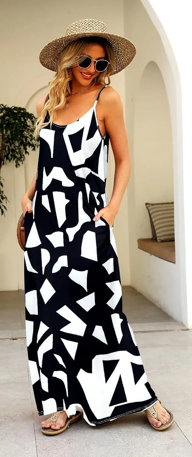 Supnier Women's Summer Maxi Dress Casual V-Neck Sleeveless Bohemian Spaghetti Strap Floral Long Maxi Dress with Pockets