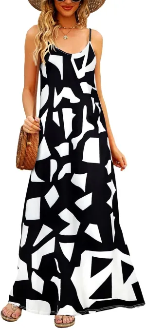 Supnier Women's Summer Maxi Dress Casual V-Neck Sleeveless Bohemian Spaghetti Strap Floral Long Maxi Dress with Pockets