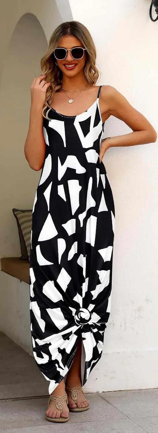 Supnier Women's Summer Maxi Dress Casual V-Neck Sleeveless Bohemian Spaghetti Strap Floral Long Maxi Dress with Pockets