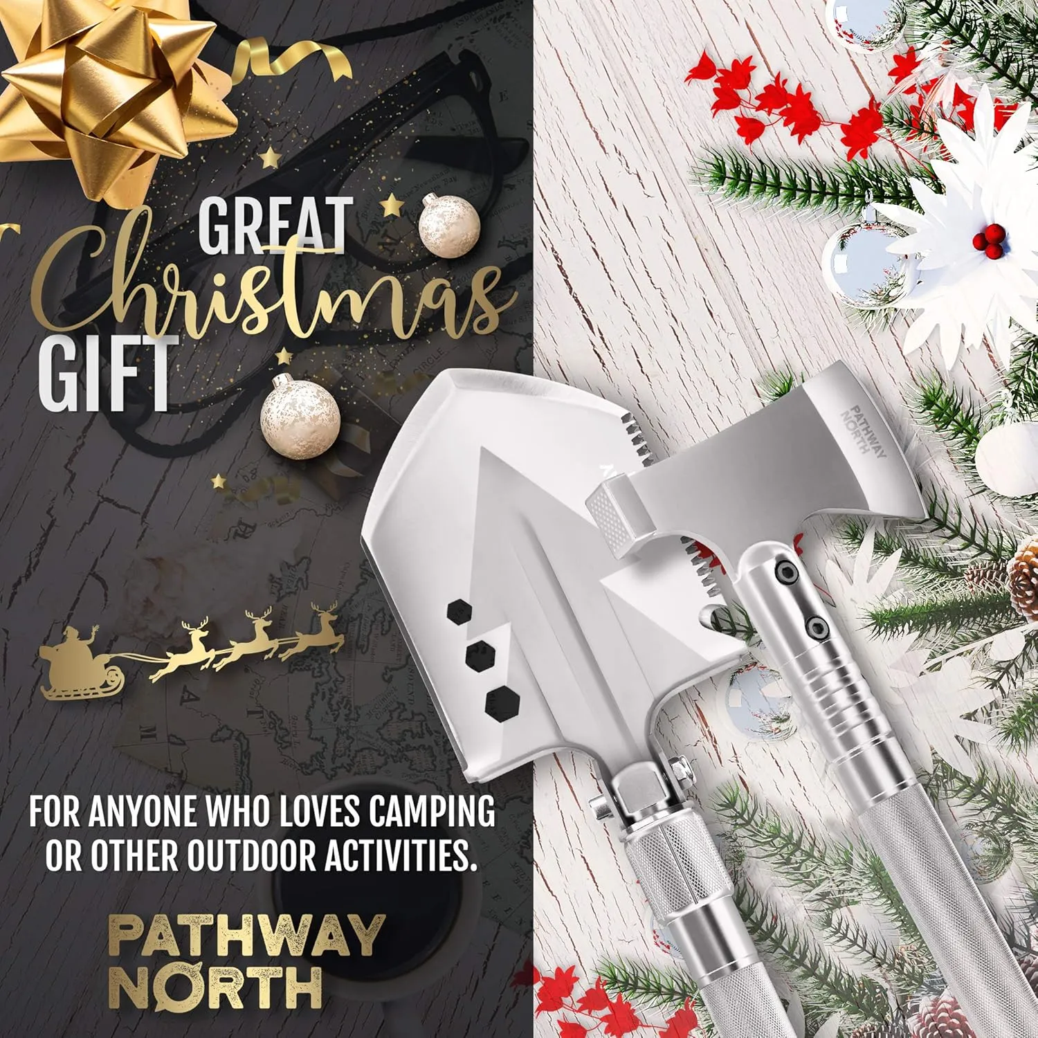 Survival Shovel and Camping Axe – Stainless Steel Tactical Survival Multi-Tool and Survival Hatchet Equipment for Outdoor Hiking Camping Gear, Hunting, Backpacking Emergency Kit(Silver)
